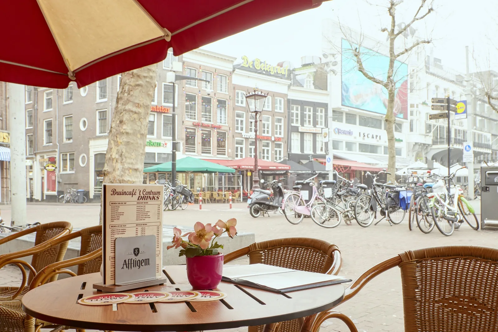 View from the terrace over the Rembrandtplein with bikes and façades